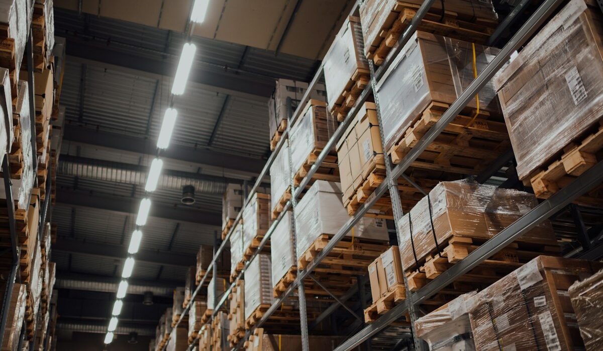 Auto parts distribution warehouse with stocked pallet racks