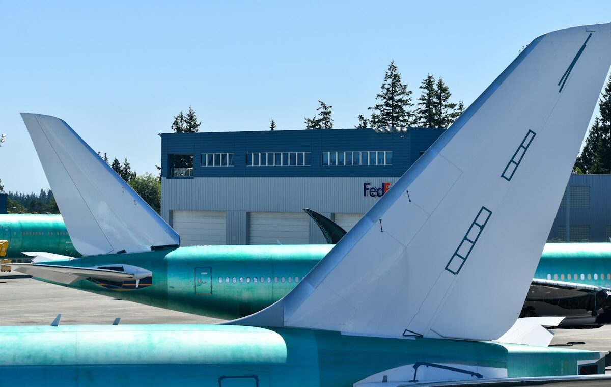 Boeing 777X aircraft on the flight line at Paine Field