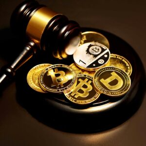 Bitcoin and Ethereum coins beside a gavel illustrating CFTC leveraged crypto rules