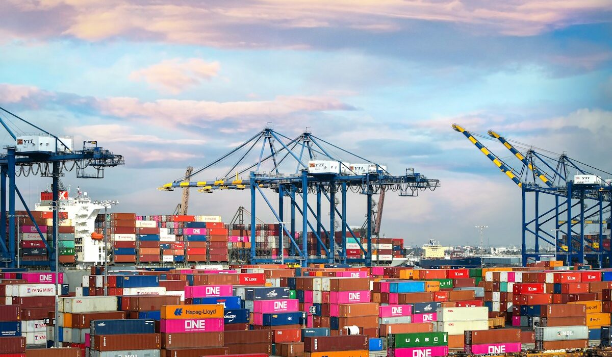Cargo containers and cranes at an international freight terminal