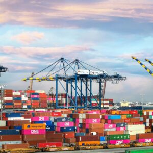 Cargo containers and cranes at an international freight terminal