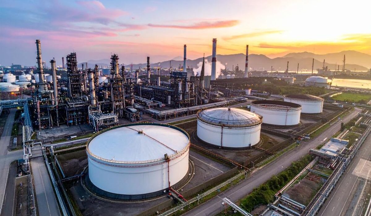 Crude oil refinery and storage tanks supporting regional fuel supply