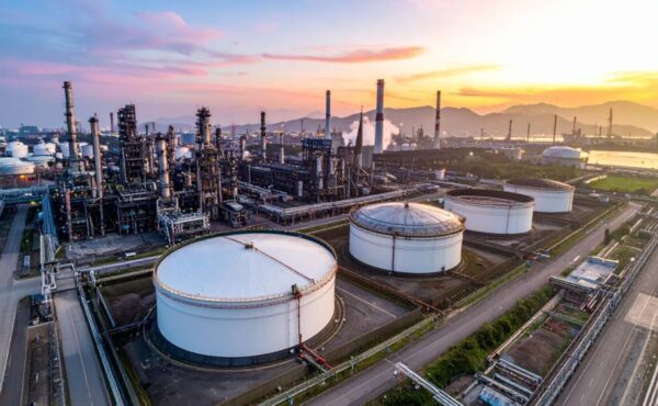 Crude oil refinery and storage tanks supporting regional fuel supply