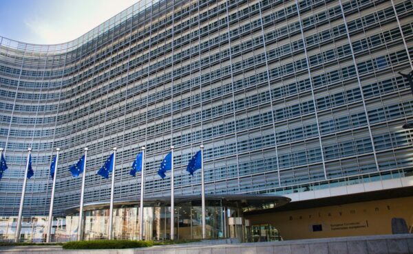 European Union flags outside an institutional building illustrating EU stablecoin regulation