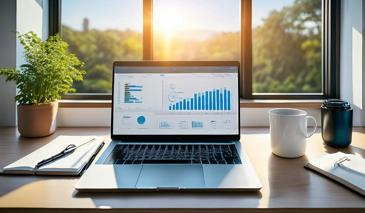 Laptop displaying business analytics charts for Equifax earnings coverage