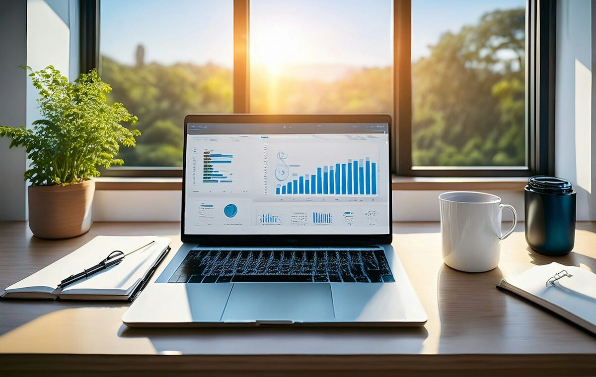 Laptop displaying business analytics charts for Equifax earnings coverage