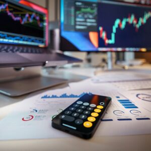Financial market charts and calculator illustrating bond market risk analysis