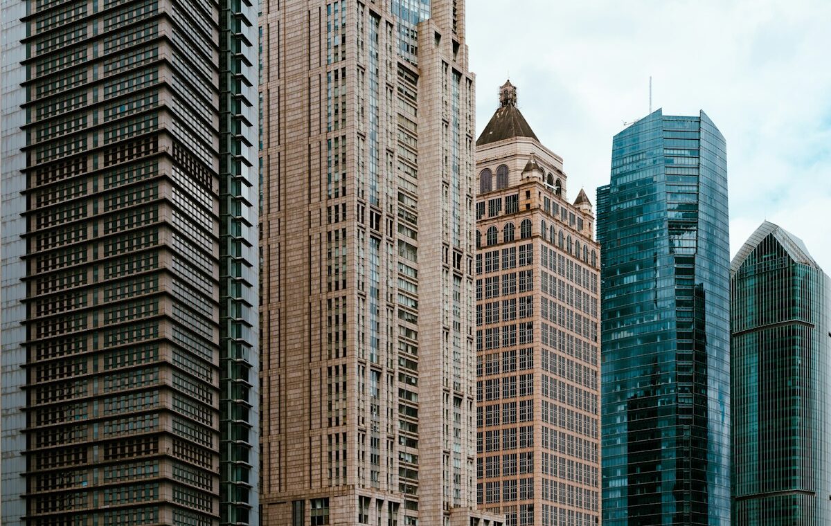 Modern banking skyscrapers representing global systemically important bank regulation
