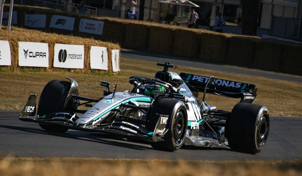 Mercedes F1 AI strategy represented by a Mercedes Formula One car on track