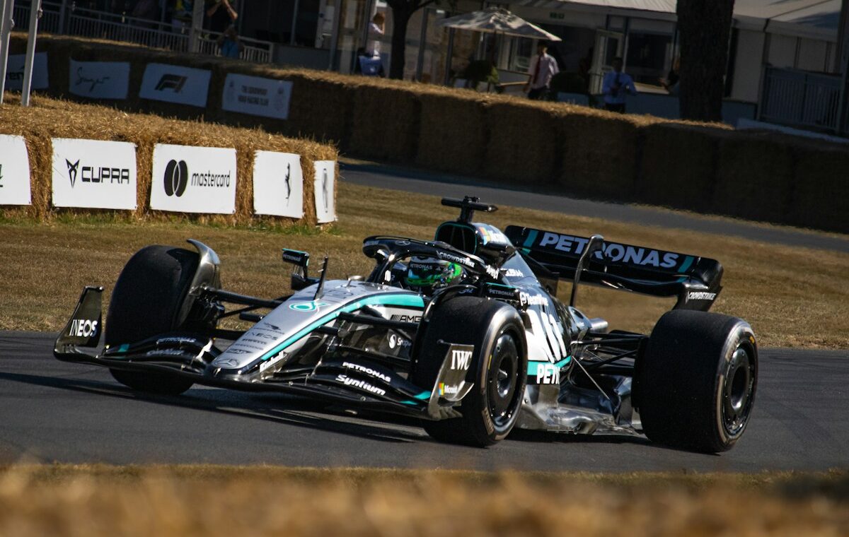 Mercedes F1 AI strategy represented by a Mercedes Formula One car on track
