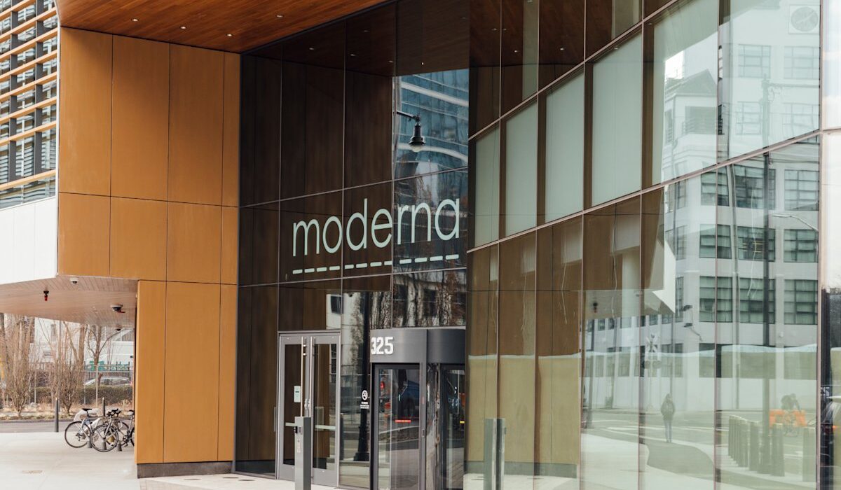 Moderna headquarters entrance illustrating Moderna Nasdaq-100 inclusion