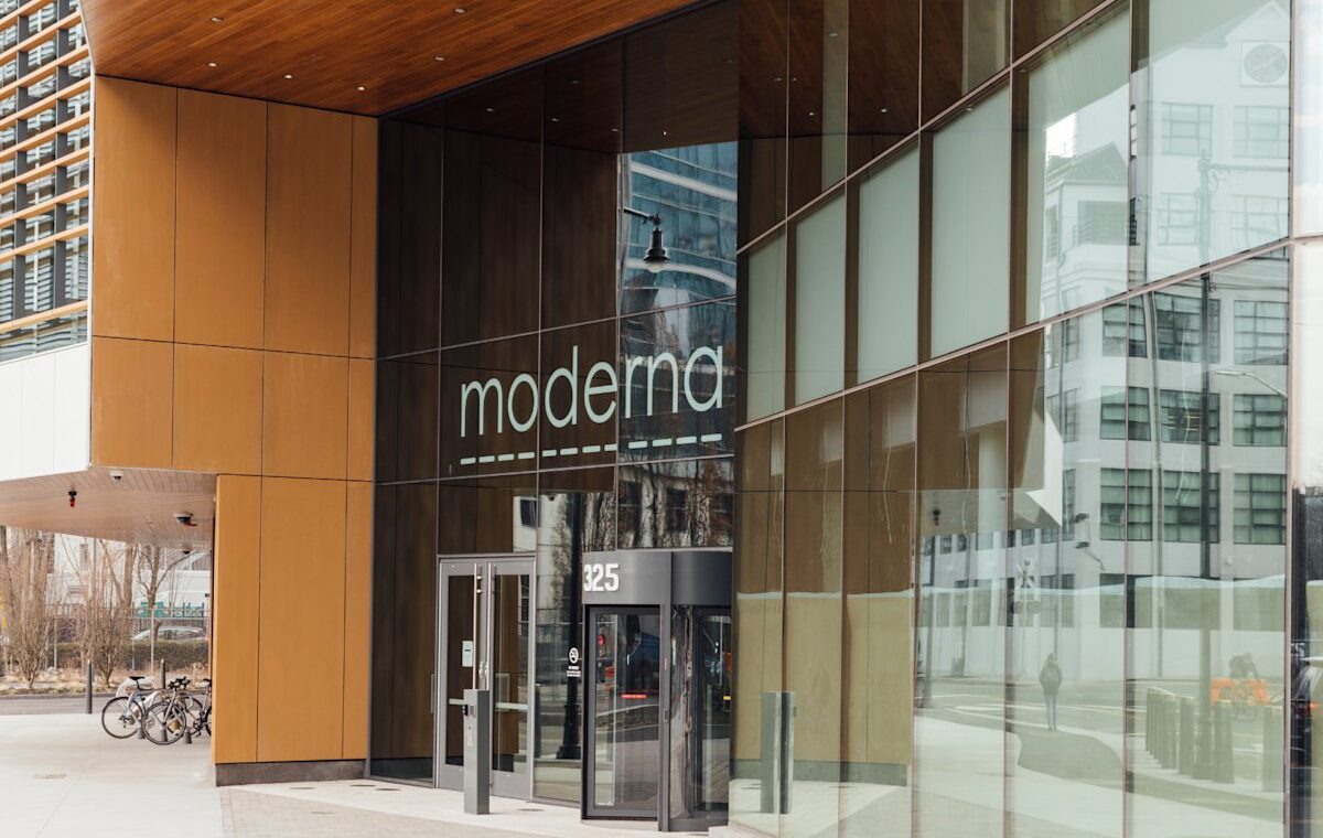 Moderna headquarters entrance illustrating Moderna Nasdaq-100 inclusion