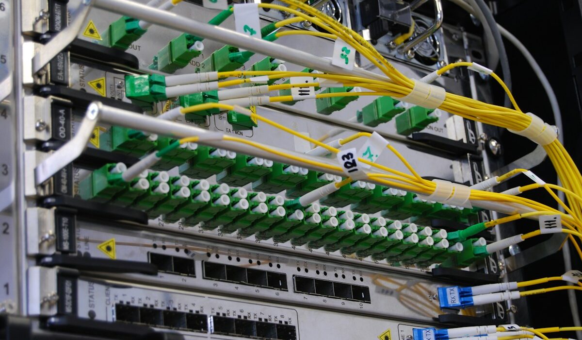 MaxLinear revenue growth illustrated by fiber-optic equipment in a data center rack