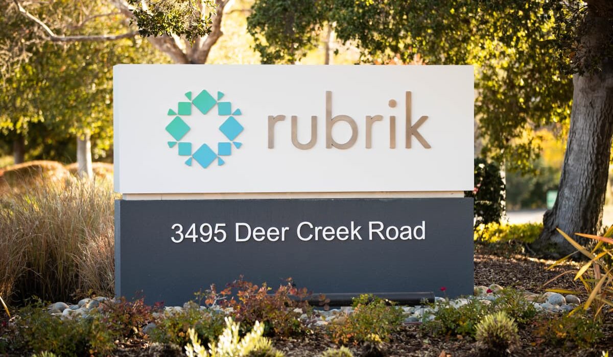 Rubrik corporate sign at the company’s Palo Alto headquarters