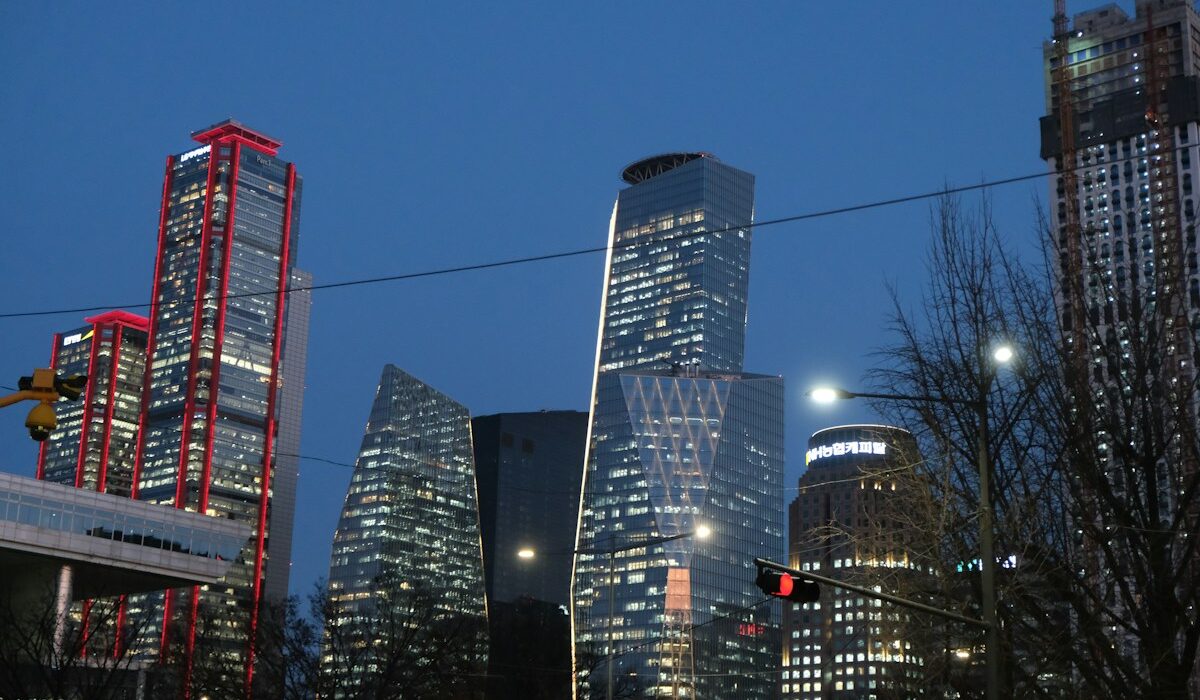 Modern office towers in Seoul’s financial district at dusk