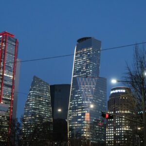 Modern office towers in Seoul’s financial district at dusk