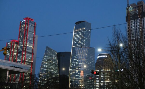 Modern office towers in Seoul’s financial district at dusk