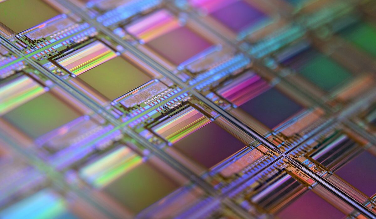 Close-up view of semiconductor dies on a silicon wafer