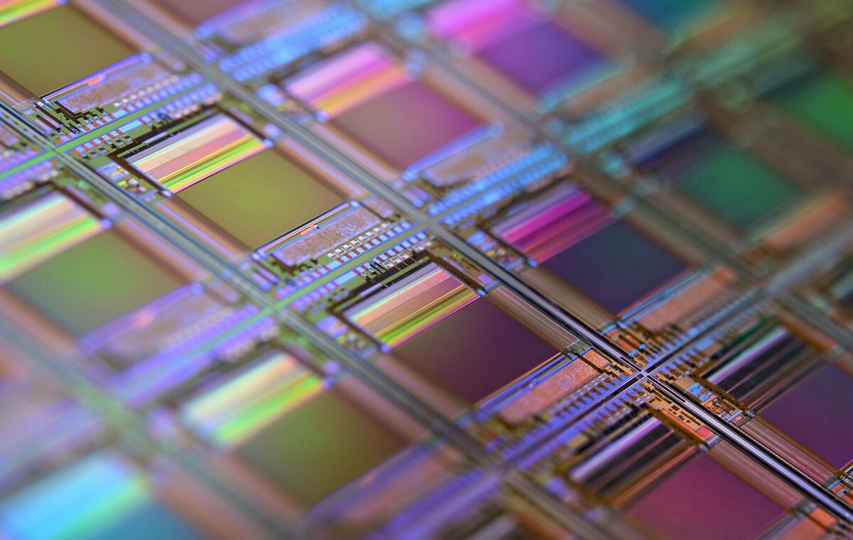 Close-up view of semiconductor dies on a silicon wafer