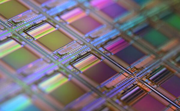 Close-up view of semiconductor dies on a silicon wafer