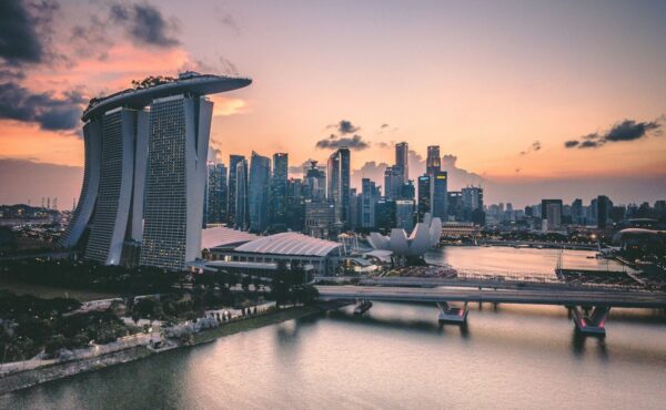 Singapore skyline at sunset, where Anthropic opened its new office