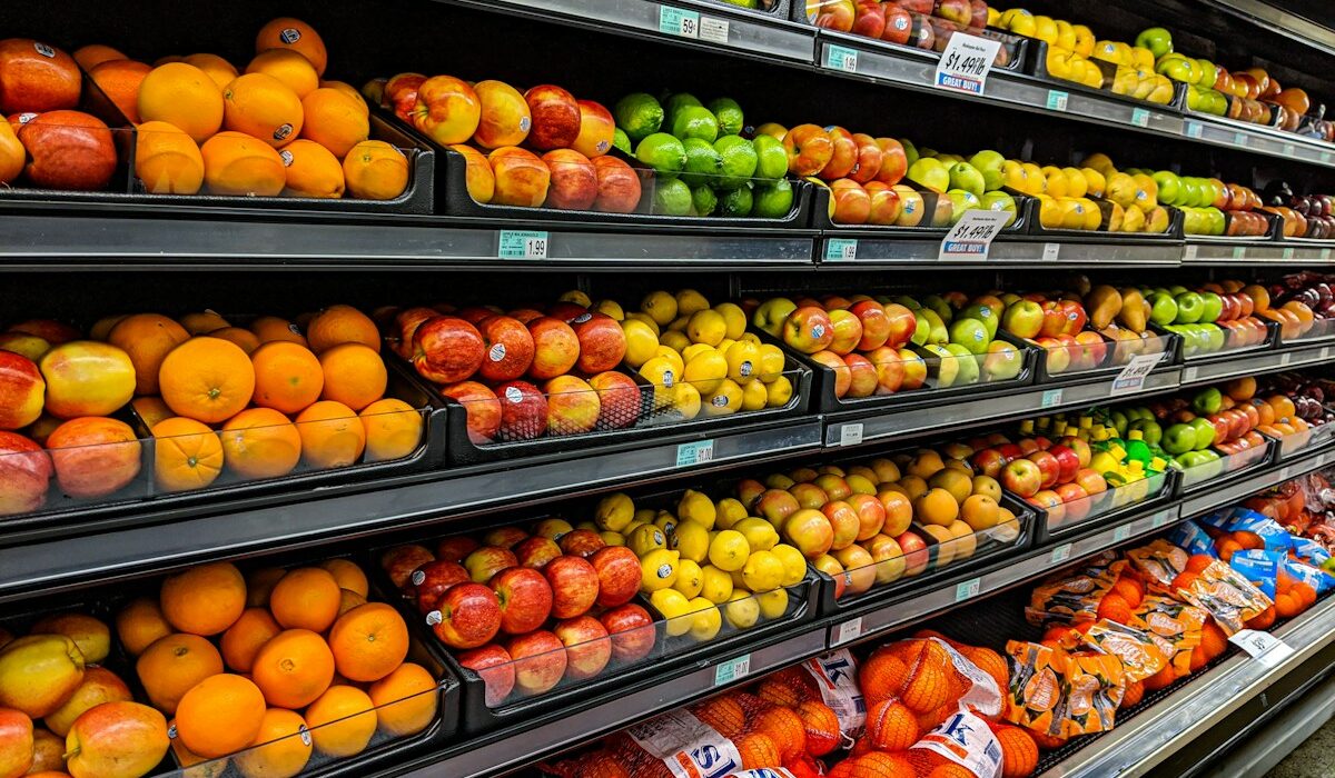 Fresh produce displayed inside a modern supermarket