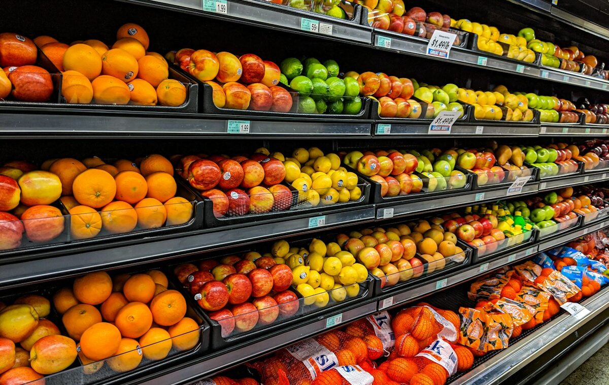 Fresh produce displayed inside a modern supermarket