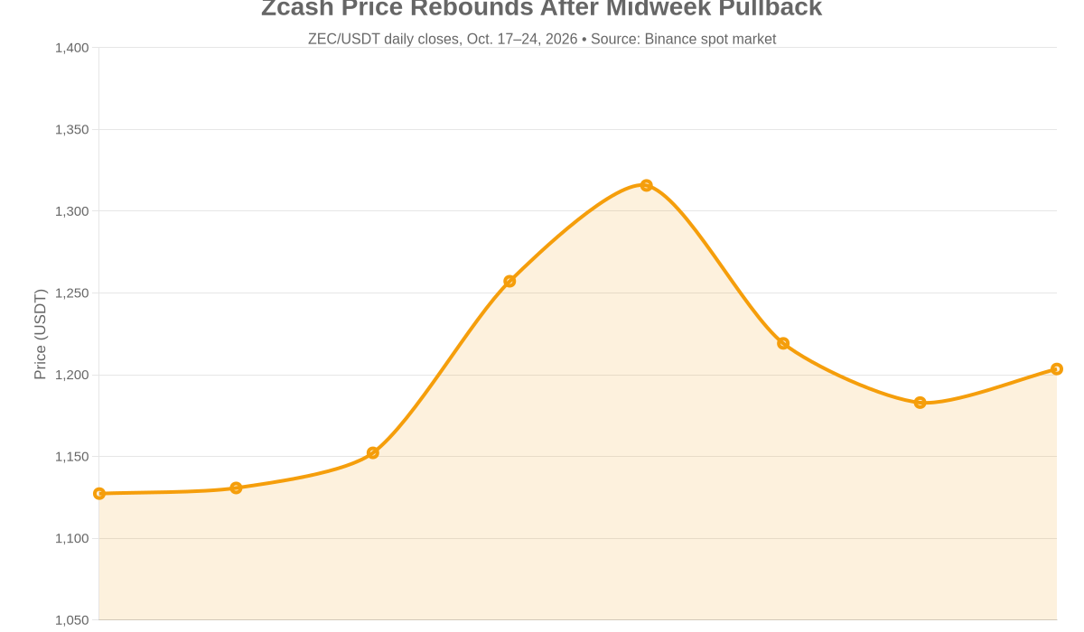 Chart of ZEC USDT daily closes from October 17 to 24, 2026 using Binance spot data